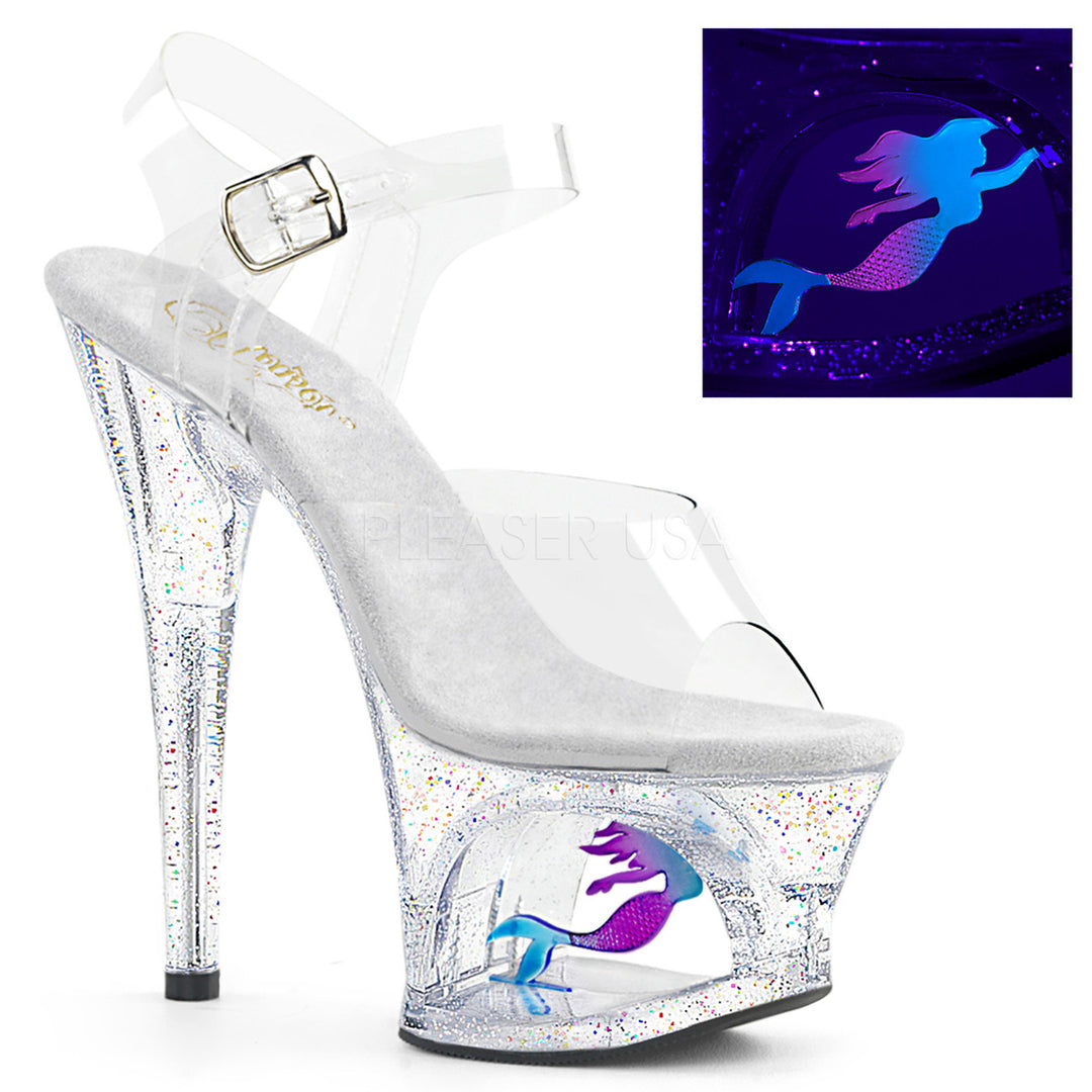 Women's sexy clear ankle strap exotic dancer high heels with 7" high heel.