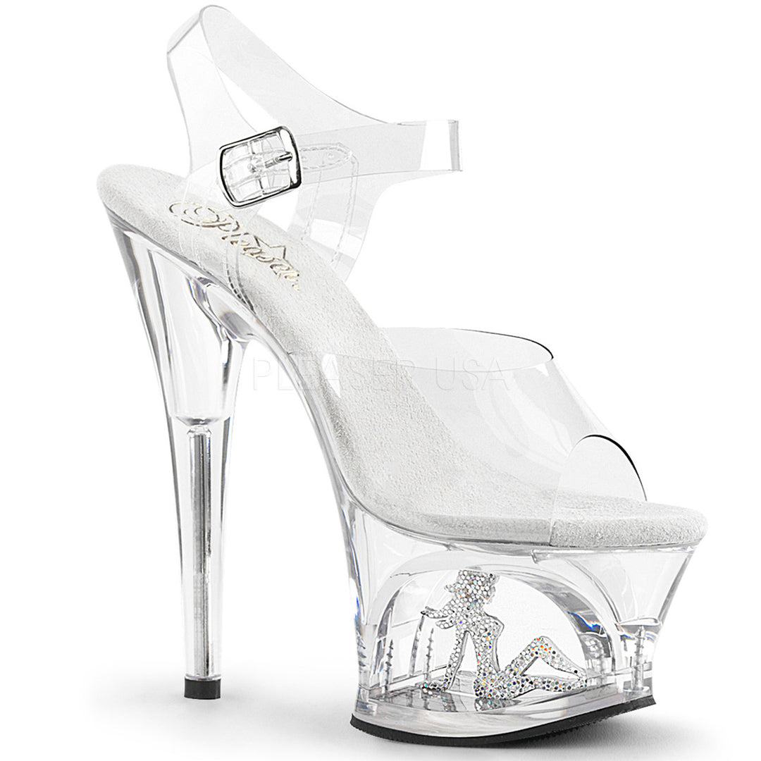 Women's clear/silver ankle strap stripper heels with 7" heel.