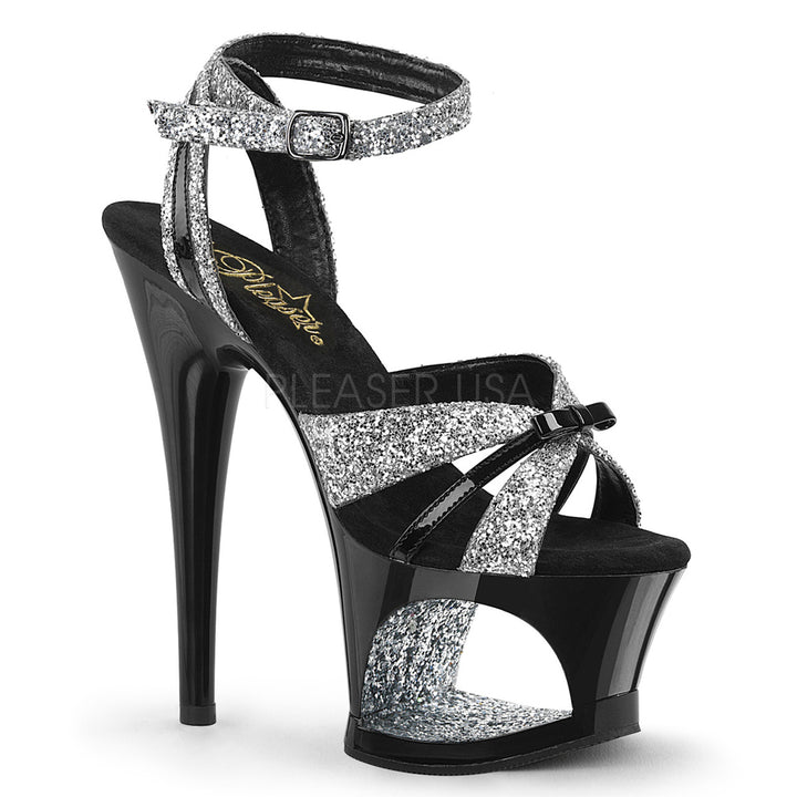 Sexy black/silver glitter ankle strap pole dancing heels with 7" stiletto heel.