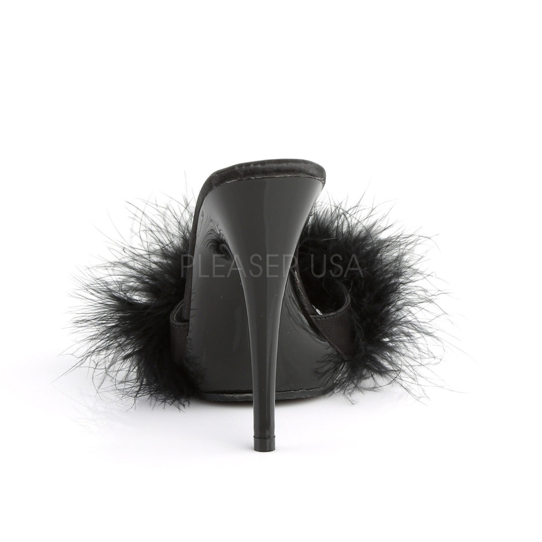 5" Heel Black Satin-Fur Platform Slide Sandal | Women's Shoes by Fabulicious
