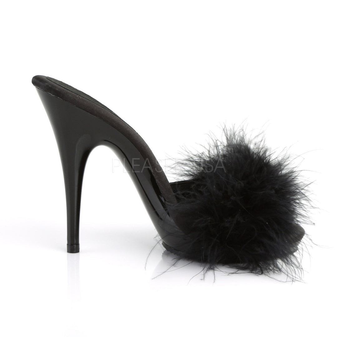 5" Heel Black Satin-Fur Platform Slide Sandal - Pleaser Shoes