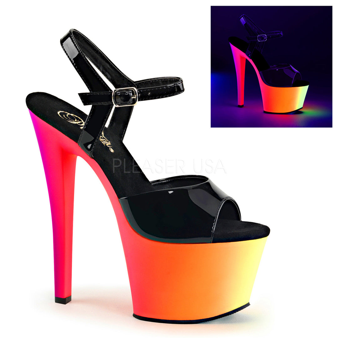 Sexy black and multi color ankle strap pole dancing shoes with 7" stiletto heel.