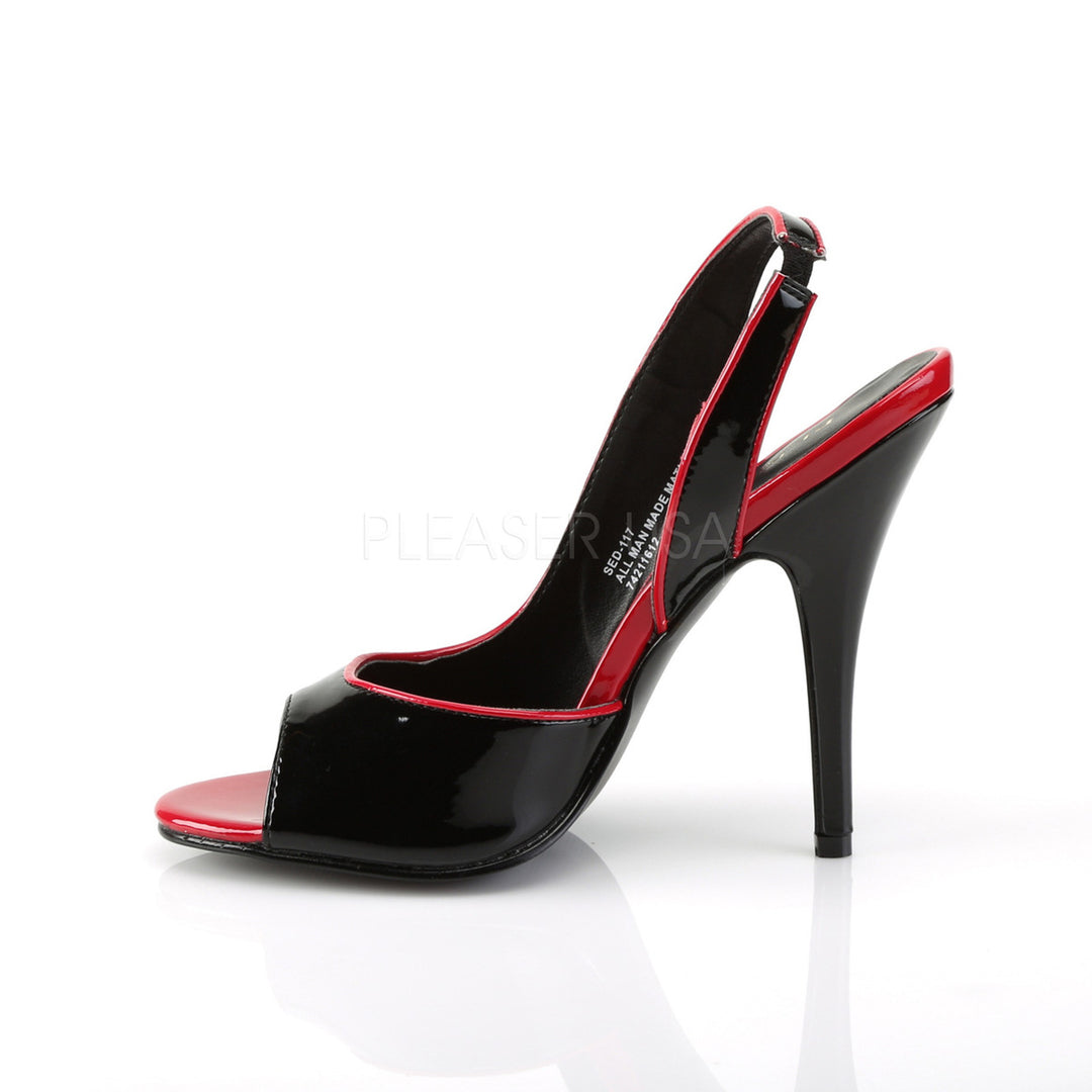 Pleaser Shoes - 5 inch high heel women's black/red peep toe sandal shoes with a flat platform.