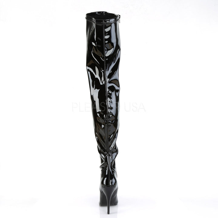 Women's sexy black 5 inch pump over the knee long boots with a flat platform.