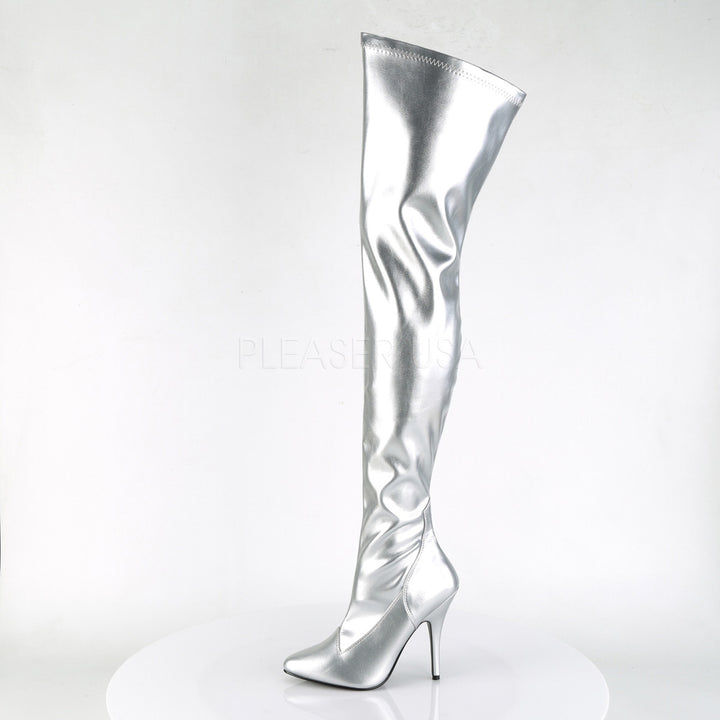 Pleaser Shoes - plain stretch thigh 5 inch silver over knee boots
