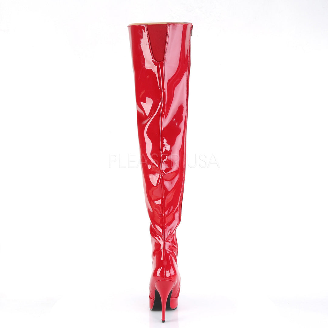 Women's sexy red 5 inch heel over knee boots with a flat platform.