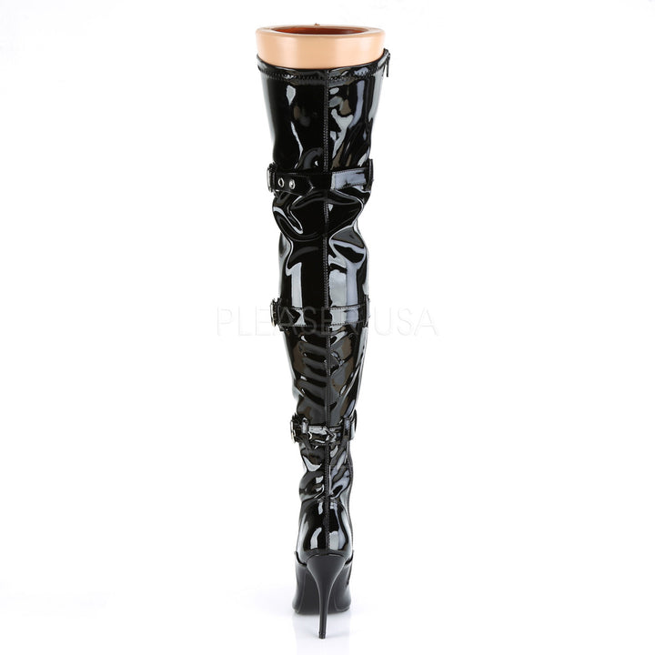 Women's sexy black 5 inch heel thigh boots with a flat platform.