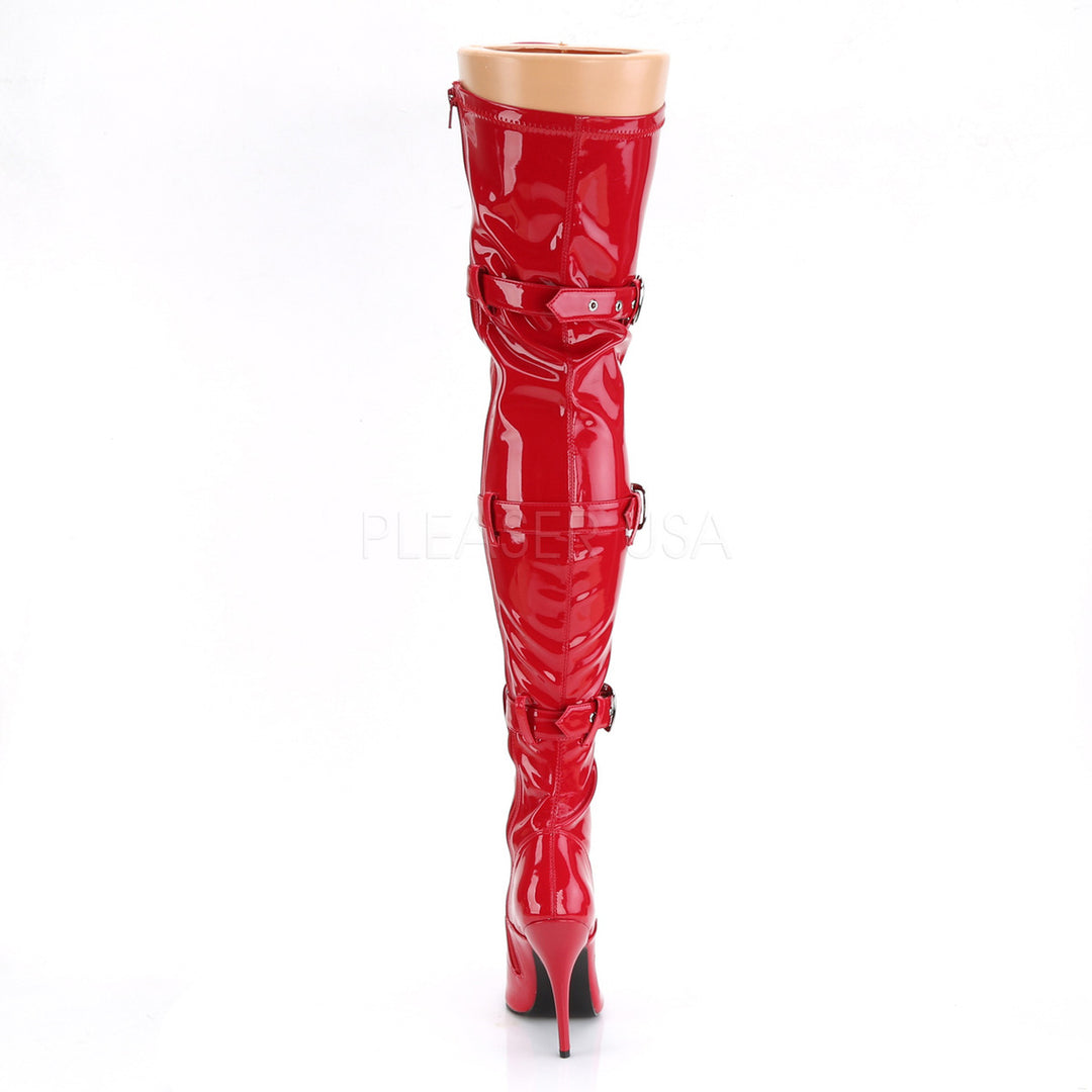 Women's sexy red 5 inch pump tall thigh high boots with a flat platform.