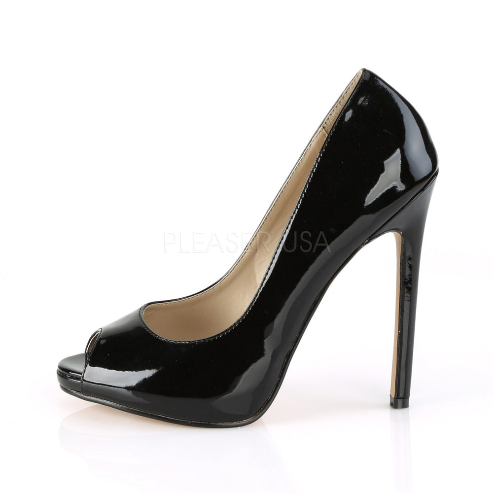 Pleaser Shoes - 5" heel women's black peep toe shoes with flat platform.