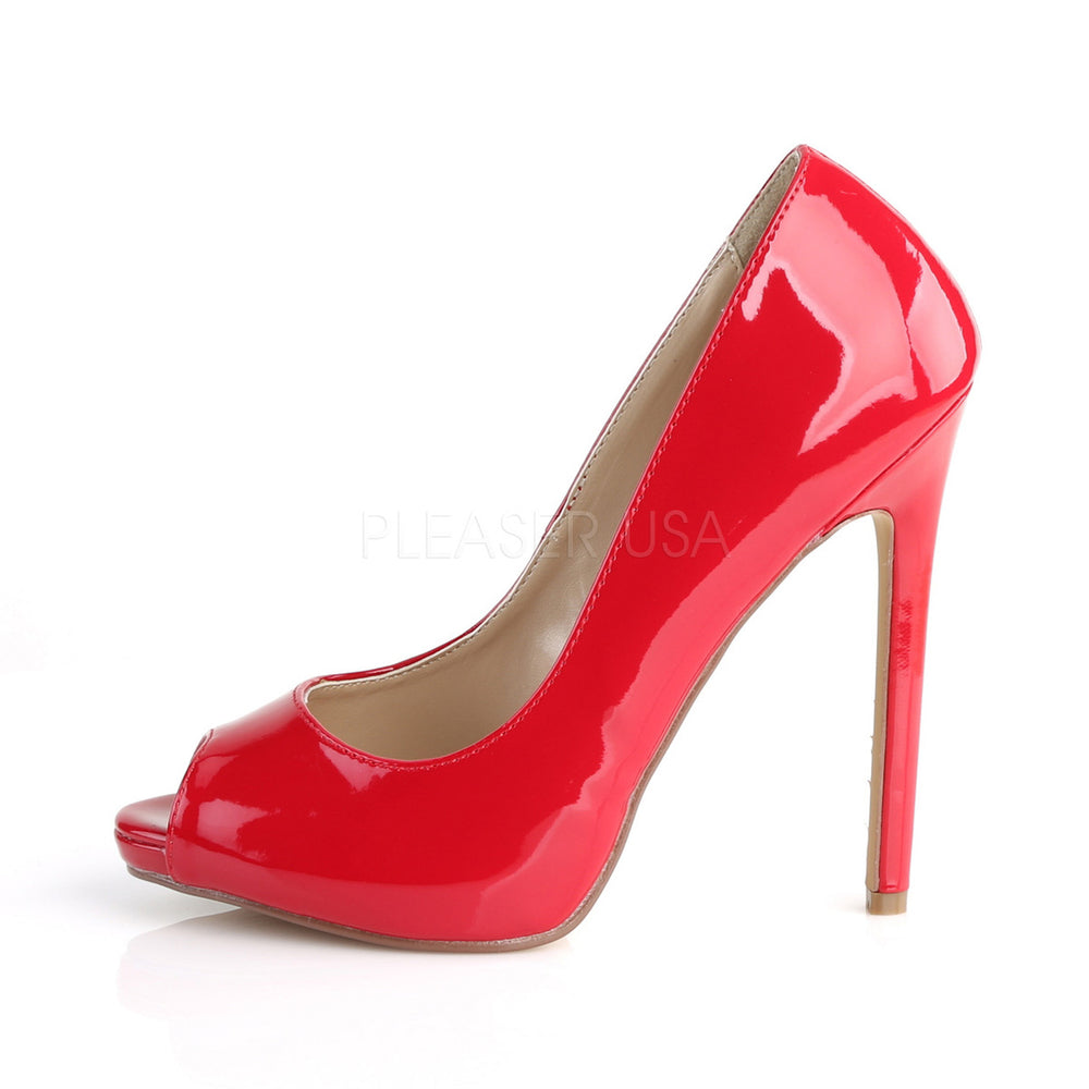 Pleaser Shoes - 5 inch heel women's red peep toe shoes with a flat platform.