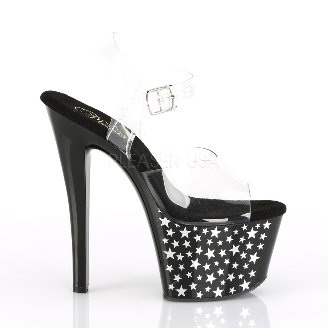 Women's black/silver stripper heels with ankle strap, 7 inch heel, and 2.8" platform - Pleaser Shoes