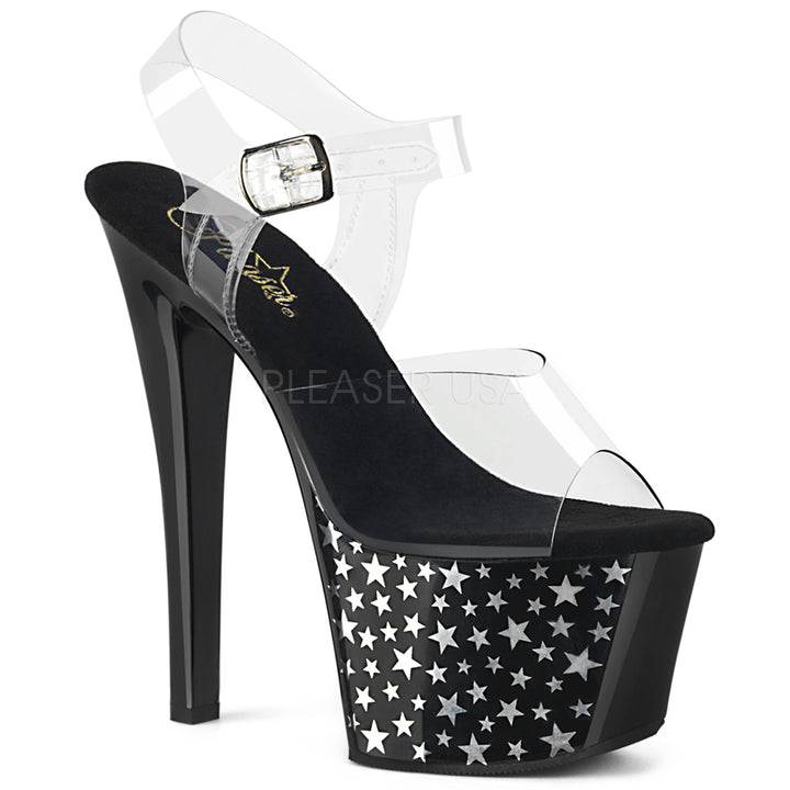 Women's black/silver ankle strap stripper heels with 7" heel.