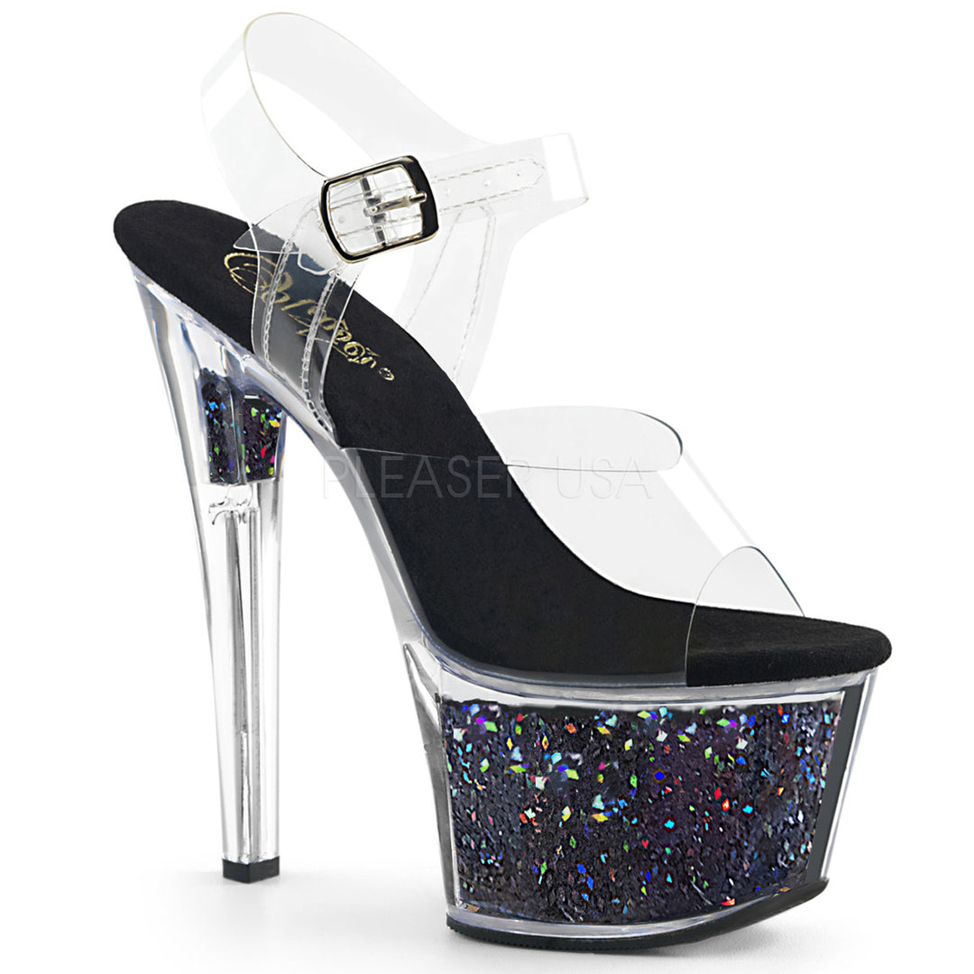 Sexy clear/black glitter ankle strap pole dancing high heels with 7" stiletto heel.