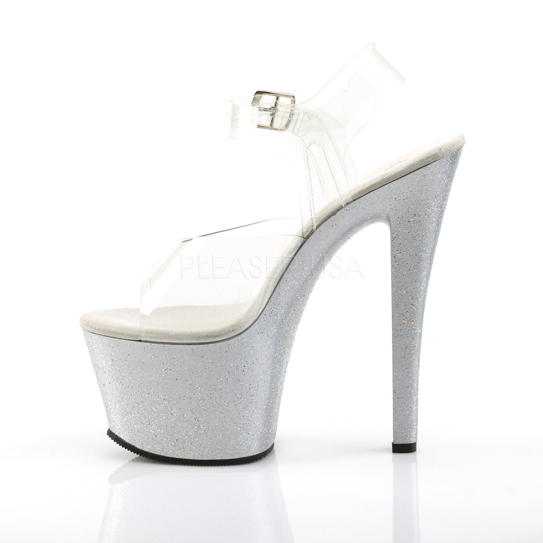Pleaser Shoes - Women's sexy clear/silver 7 inch heel stripper pumps with ankle strap 2.8" tall platform.