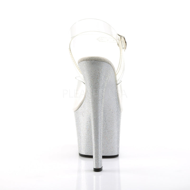 Women's sexy 7 inch high heel clear and silver stripper shoes with glitter 2.8" tall platform with ankle strap.