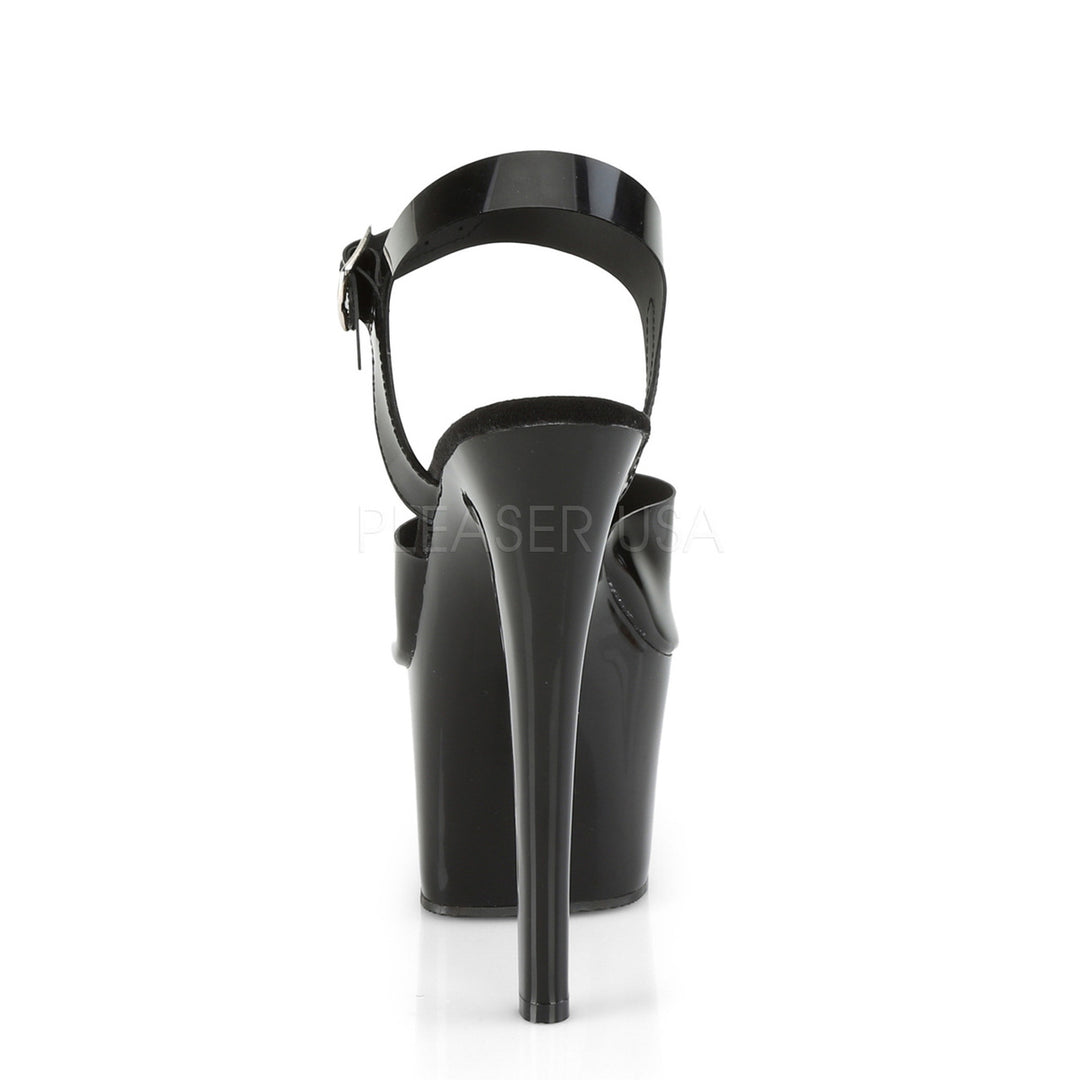 Women's sexy 7 inch high heel black exotic dancer shoes with 2.8" platform with ankle strap.