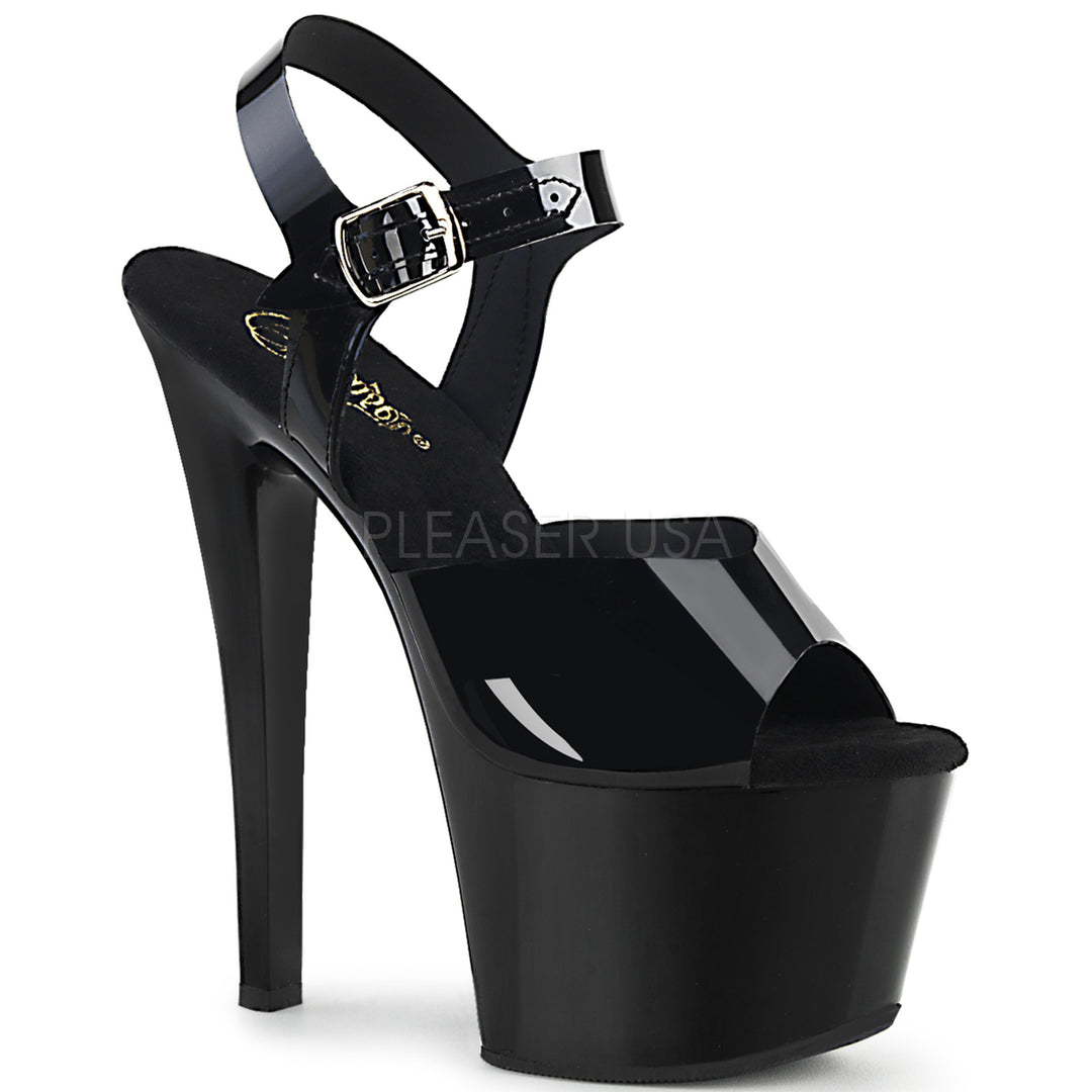 Women's sexy black ankle strap exotic dancer high heel shoes with 7" heels.