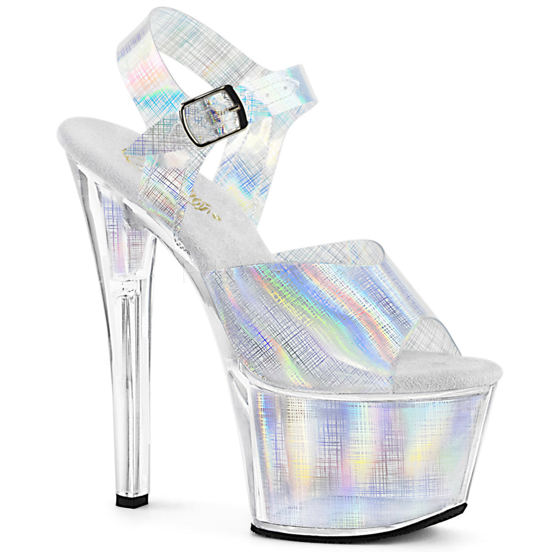 Women's silver ankle strap exotic dancer heels with 7" heel.