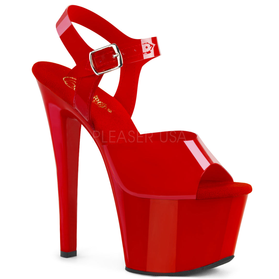 Women's sexy red ankle strap pole dancing heels with 7" high heel.