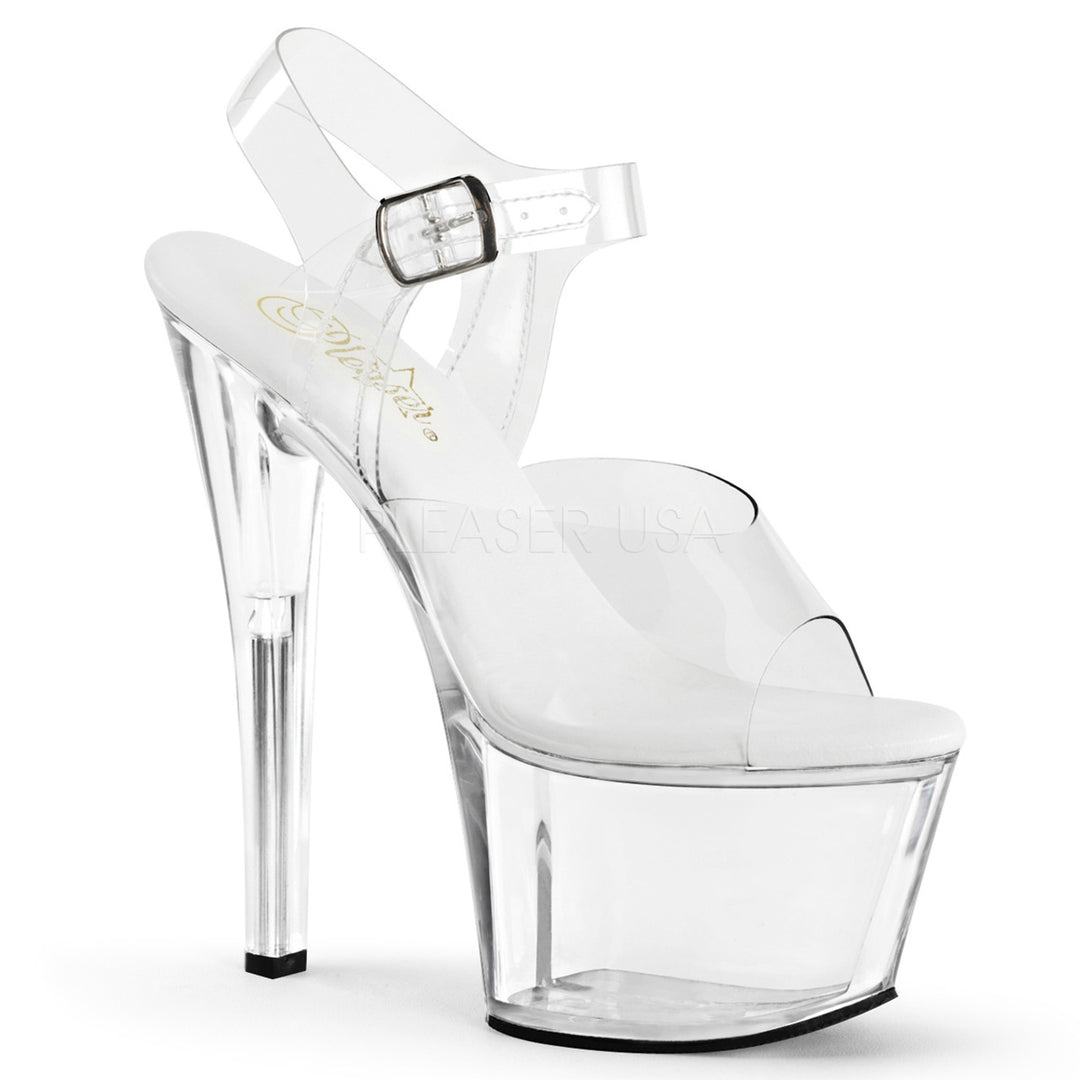 Women's sexy clear ankle strap exotic dancer shoes with 7 inch high heel.