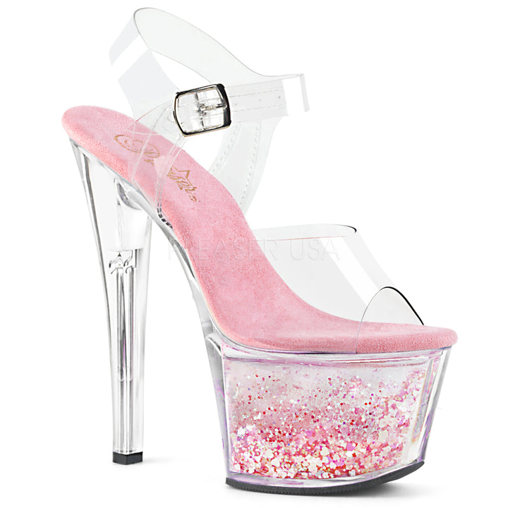 Women's sexy clear/pink glitter ankle strap stripper pumps with 7" high heel.