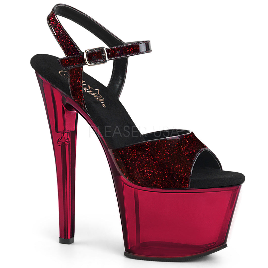 Sexy red glitter ankle strap exotic dancer high heels with 7" heel.