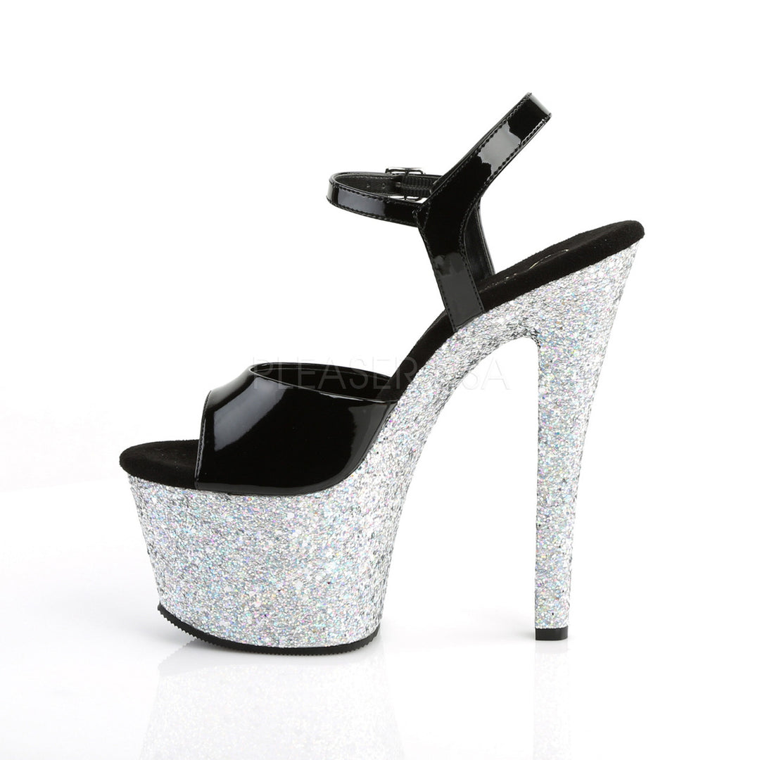 Pleaser Shoes - Women's black/silver 7 inch heel stripper heels with ankle strap 2.8" platform.