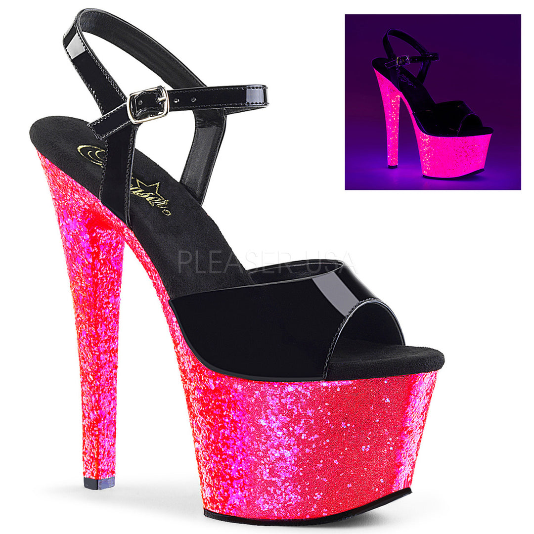 Women's sexy black/hot pink glitter ankle strap stripper pumps with 7" high heel.