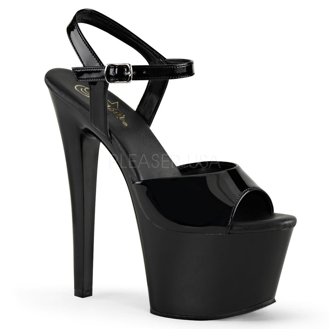 Sexy black ankle strap stripper shoes with 7" spike heel.