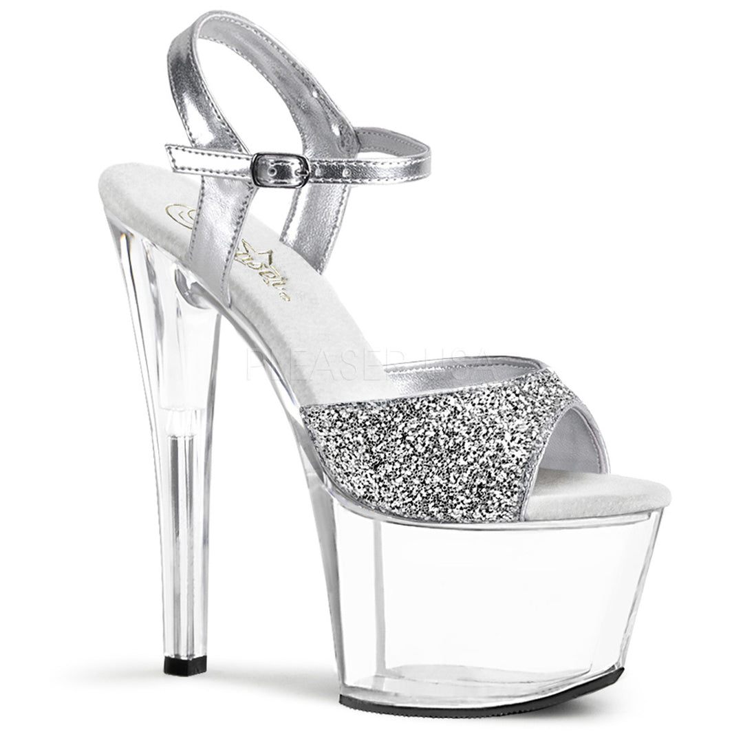 Women's sexy silver/clear ankle strap stripper pumps with 7" high heel.