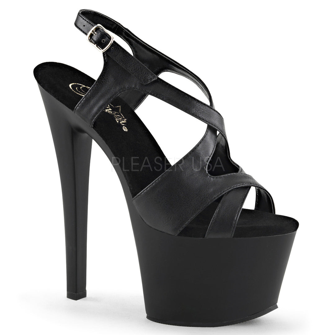 Women's black faux leather pole dancing heels with 7" heel.