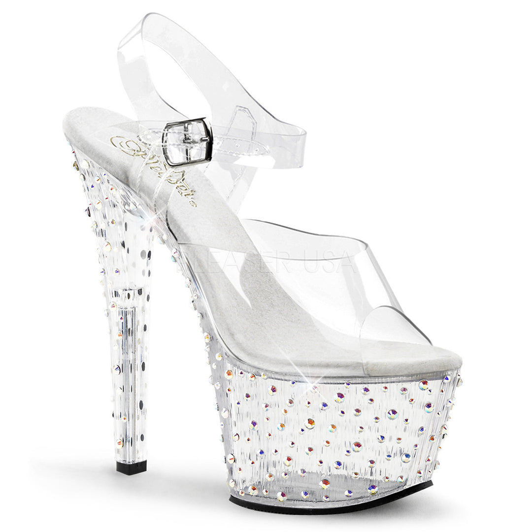 Sexy clear ankle strap stripper pumps with 7" stiletto heel.