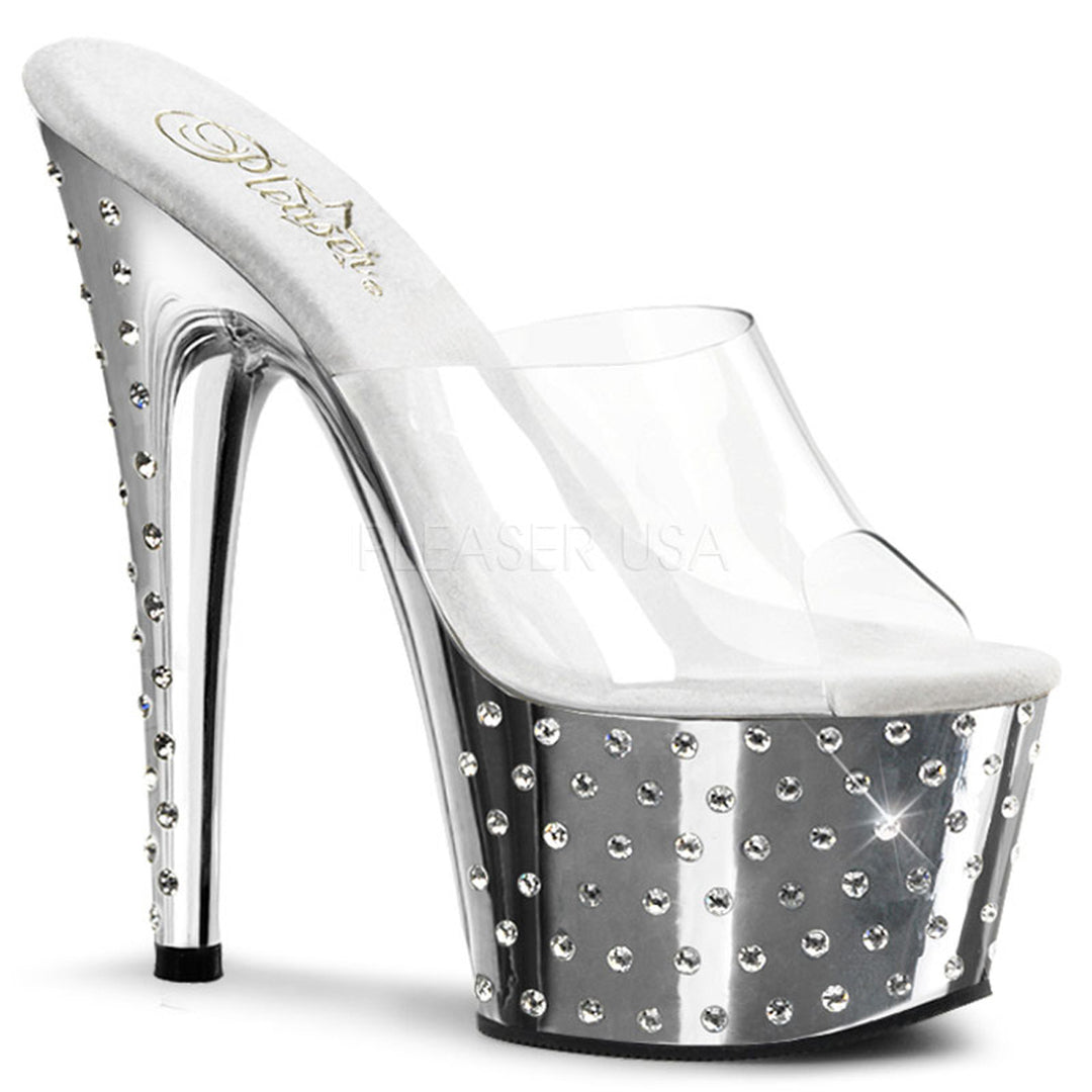 Women's clear rhinestone stripper heels with 7" heel.