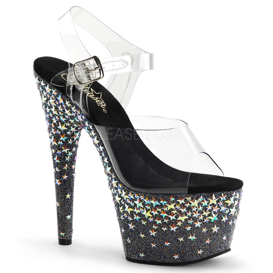 Sexy clear/black ankle strap exotic dancer shoes with 7" spike heel.