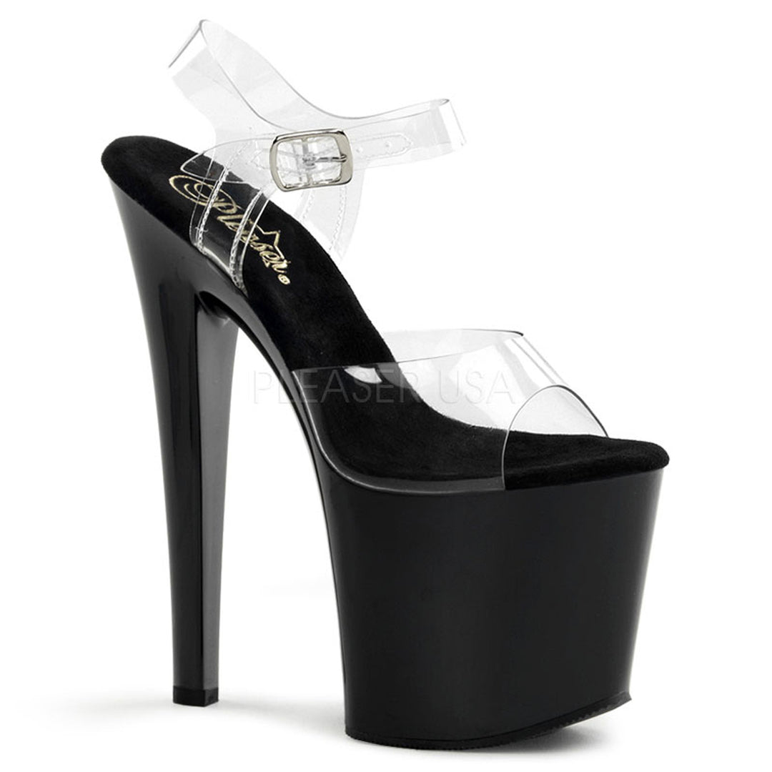 Women's sexy black ankle strap stripper heels with 7.5" heel.