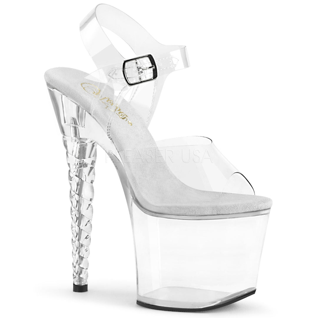 Women's sexy clear ankle strap exotic dancer shoes with 7" high heel and 3.3" platform.