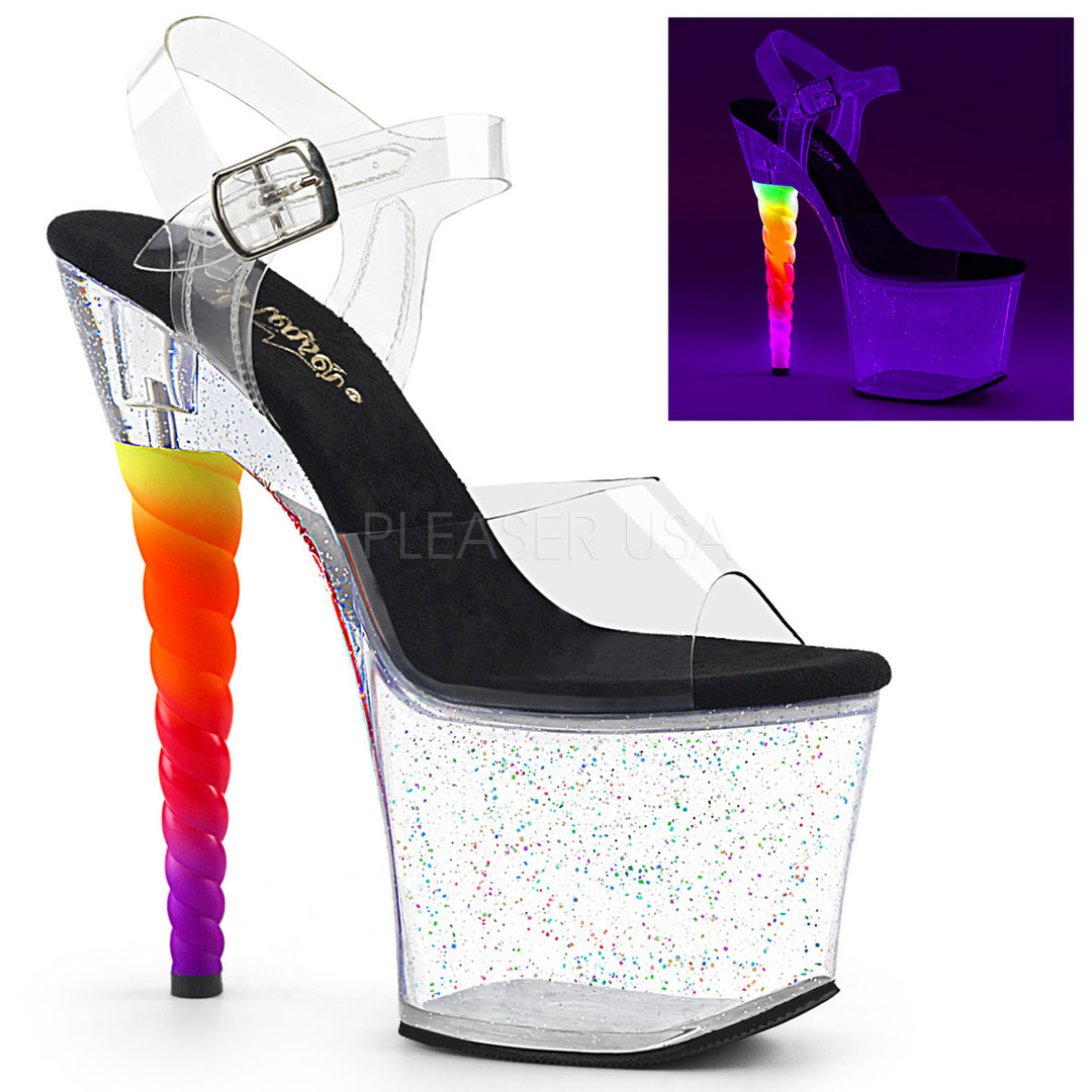 Women's sexy clear/black ankle strap pole dancing shoes with 7" high heel and 3.3" platform.
