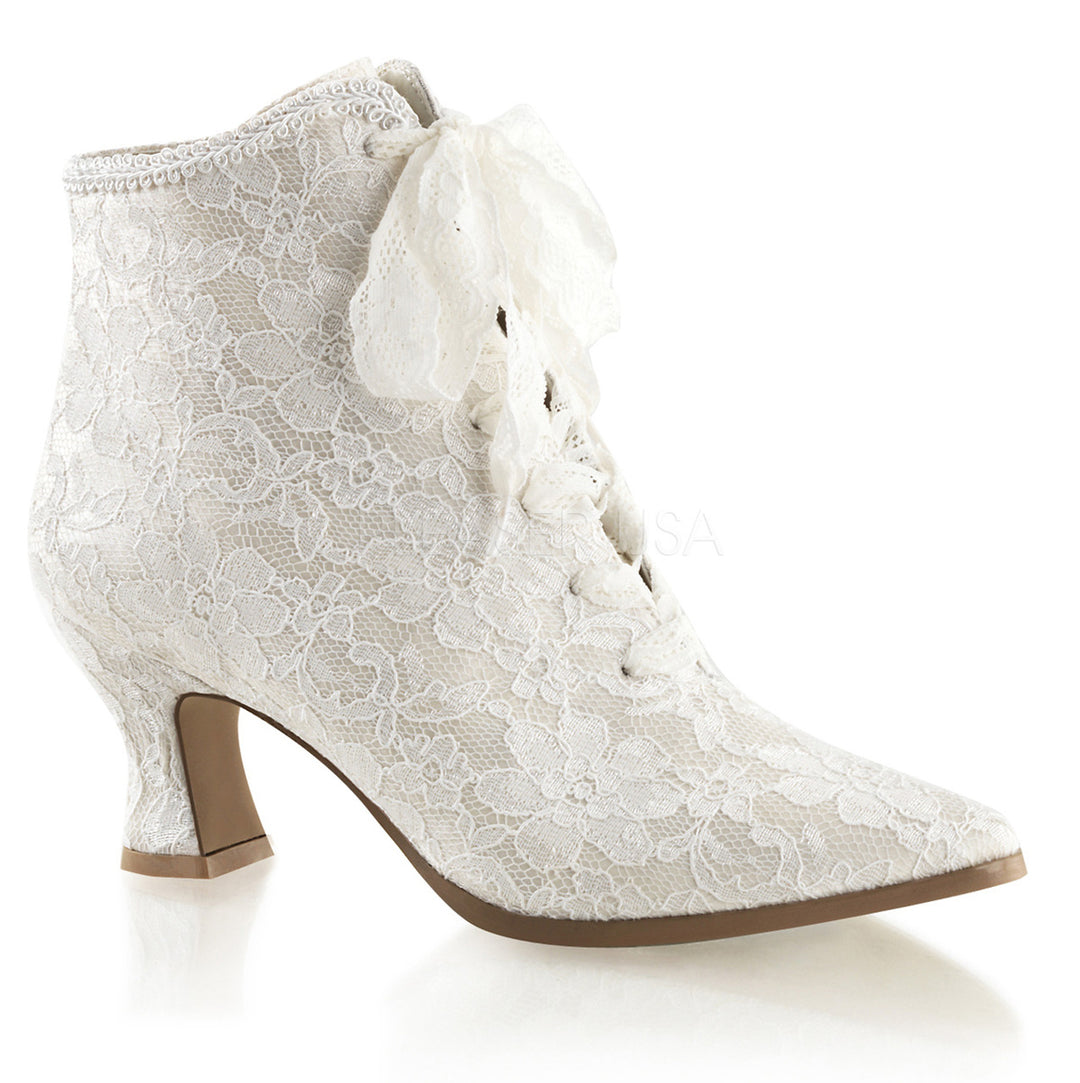 Ivory 2 3/4" Flared Heel Lace Up Ankle Bootie w/Lace Overlay - Please Shoes