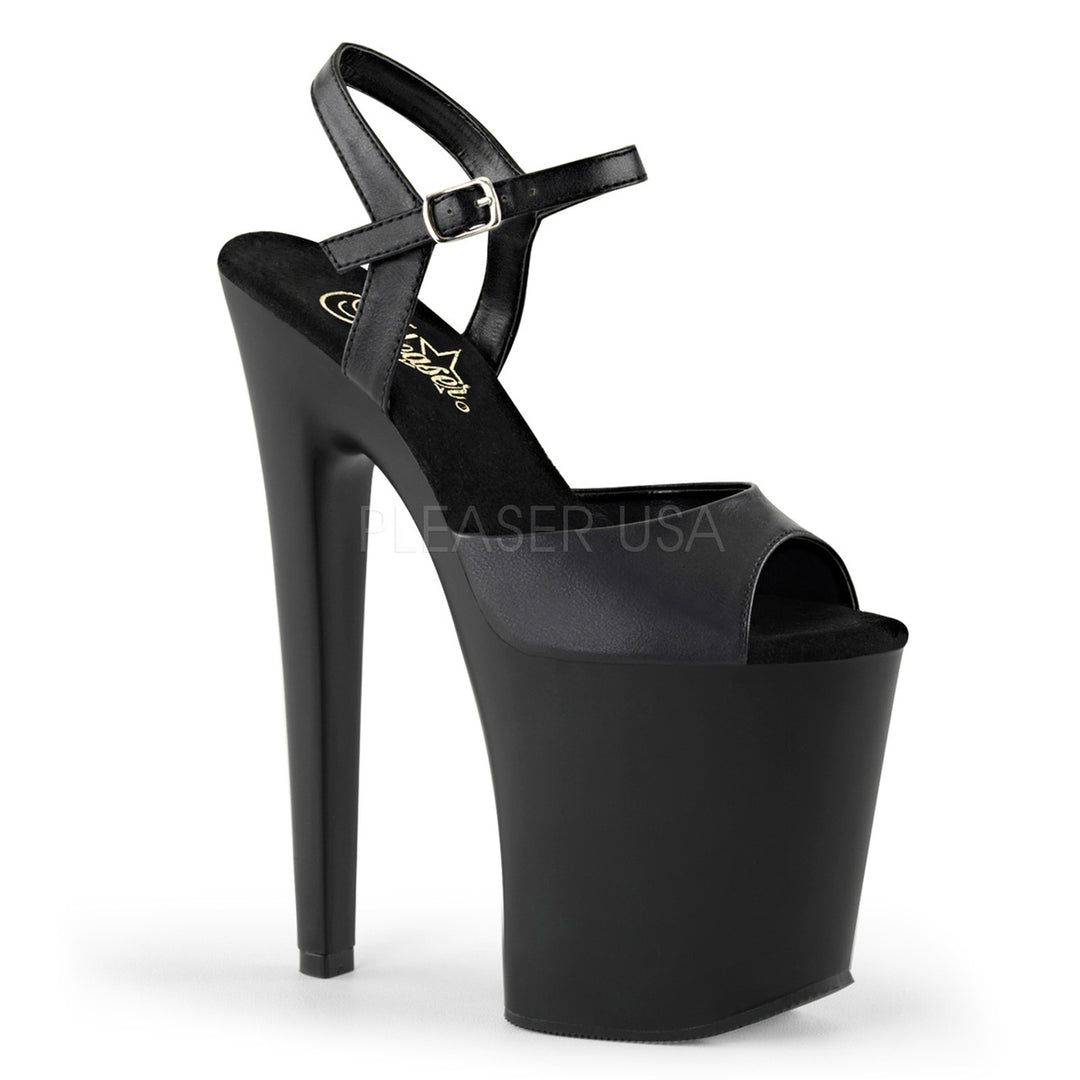 Women's sexy black faux leather pole dancing heels with 8" heel.