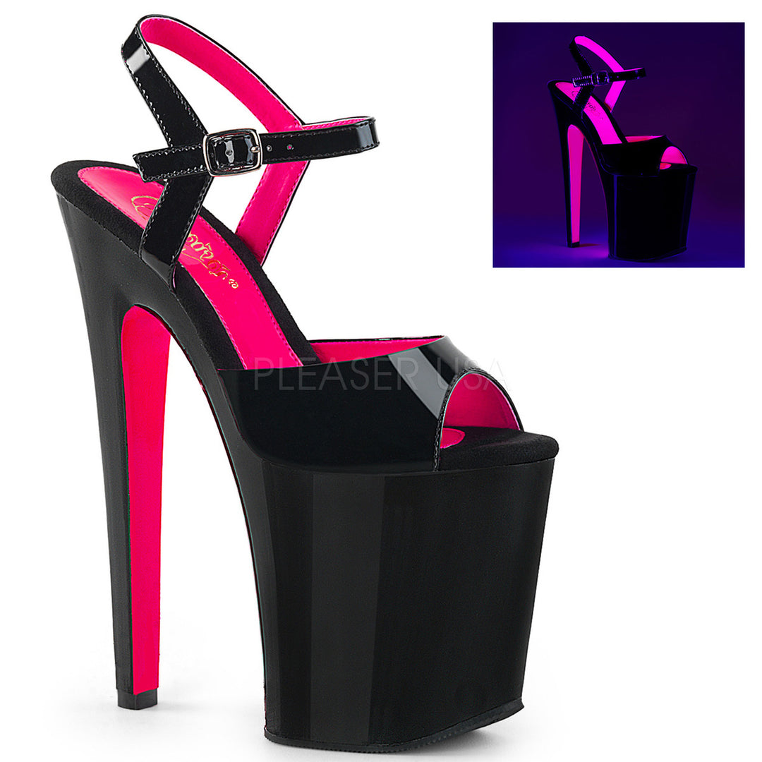 Sexy black/hot pink ankle strap stripper pumps with 8" stiletto heel.